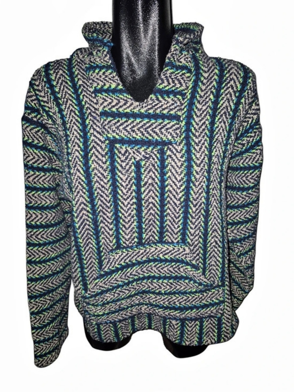 Baja Joe Vintage Neon Green & Blue Striped Woven Pullover Drug Rug Hoodie Size M